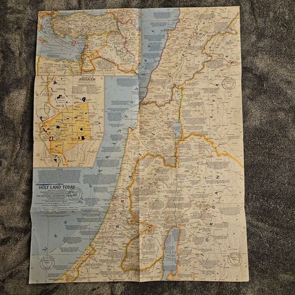 Map Holy Land Today National Geographic 1963 Antique
